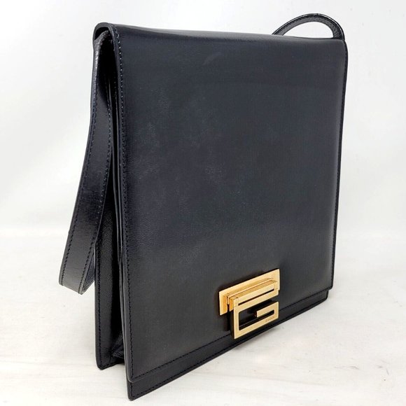 Vintage Gucci Black G Turn Lock Box Leather Shoulder Hand Bag Authentic - Picture 1 of 13